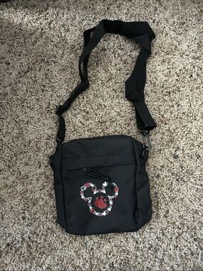 Source Unknown Black Crossbody Bag with Red Paw & Floral Mickey Print